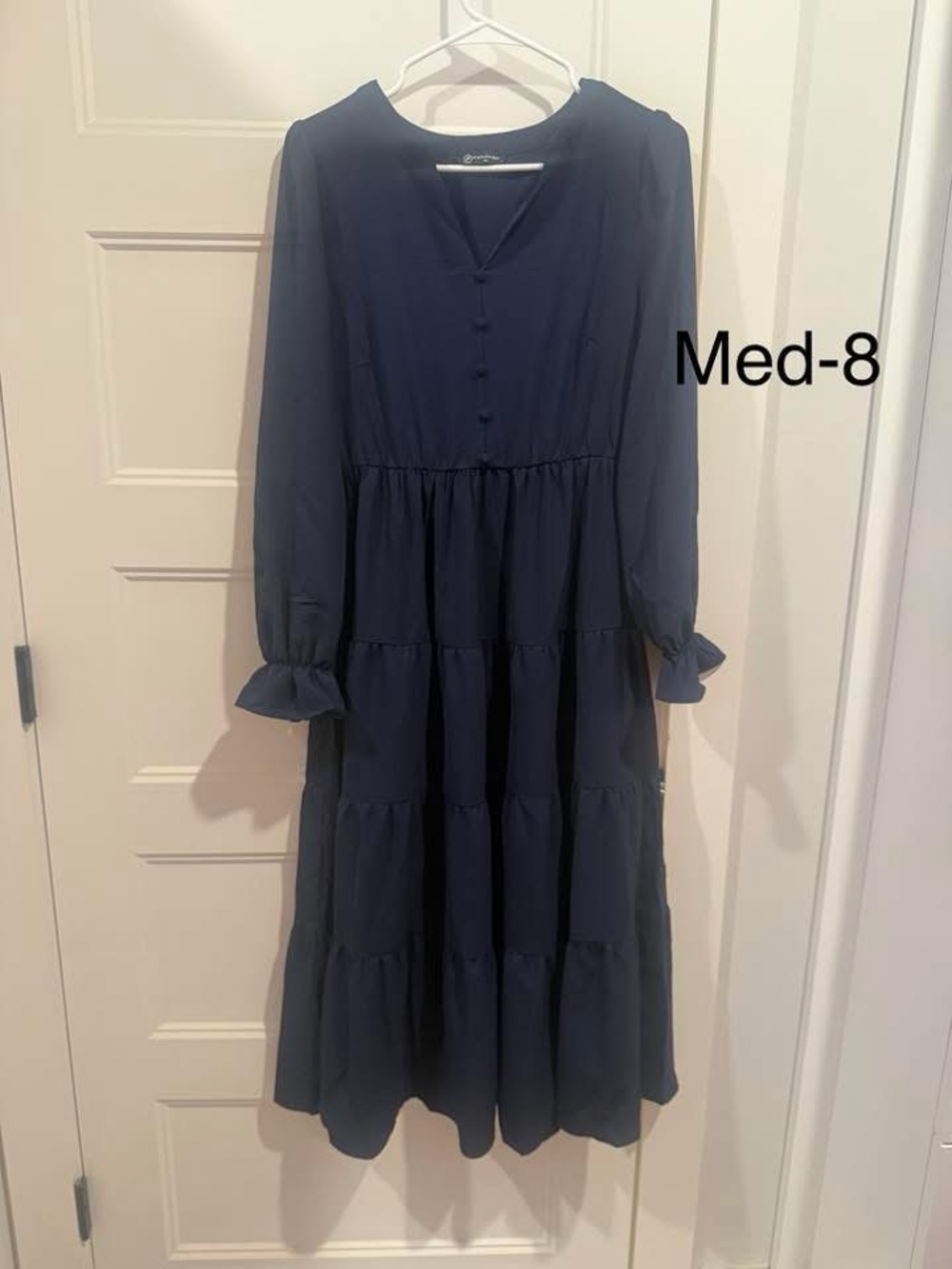 Navy Tiered Long-Sleeve Midi Dress - Medium
